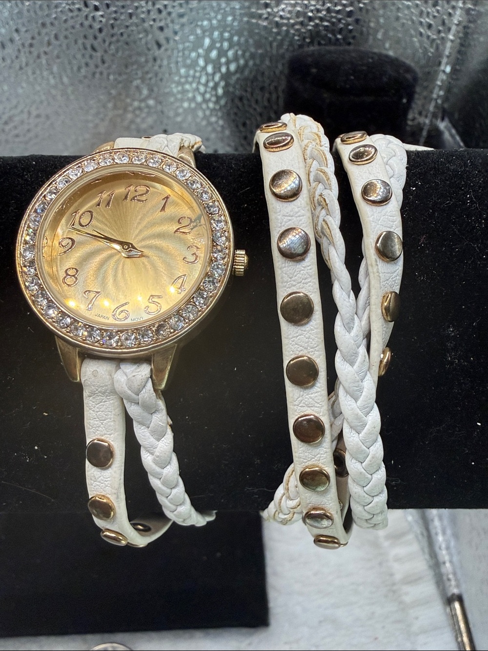 Gold-Tone Dial White Braided Wrap Watch with Stud Accents